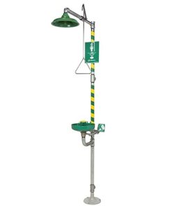 Emergency Safety Shower & Eye/Facewash, S/S Pipe, Green ABS Bowl & Inline Strainer